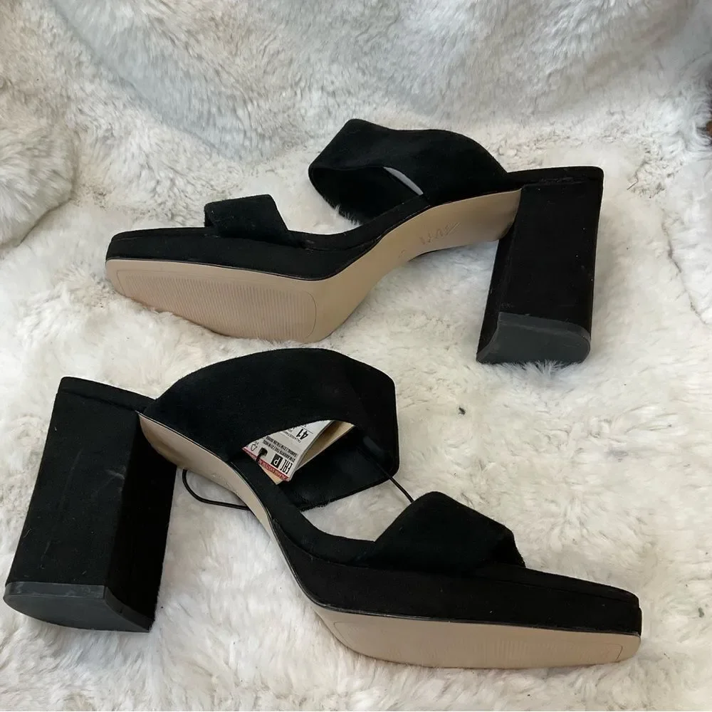 NEW ZARA black suede leather double straps square tie slip on sandals 10